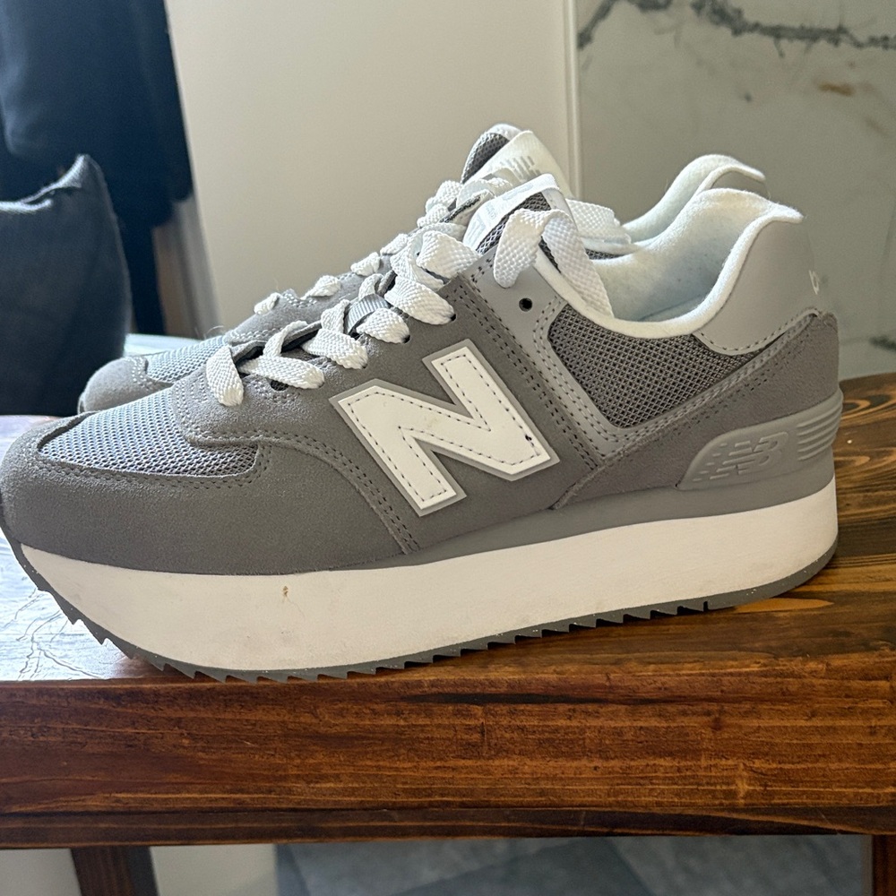 New Balance 574+ Shadow Gray Raincloud Platform White Sneakers